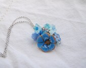 Blue Blooms Necklace with Handmade polymer clay, Czech glass and lucite Flowers with Swarovski Crystals and Rhodium Plated Chain