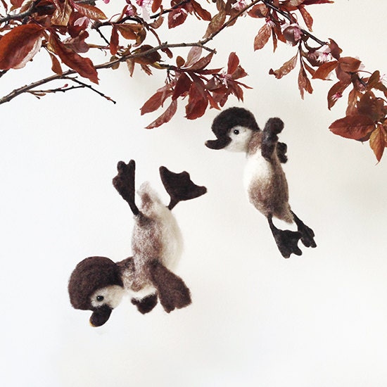 Baby duck - adorable bird spring decoration, handcrafted ornament from natural white, gray and brown wool