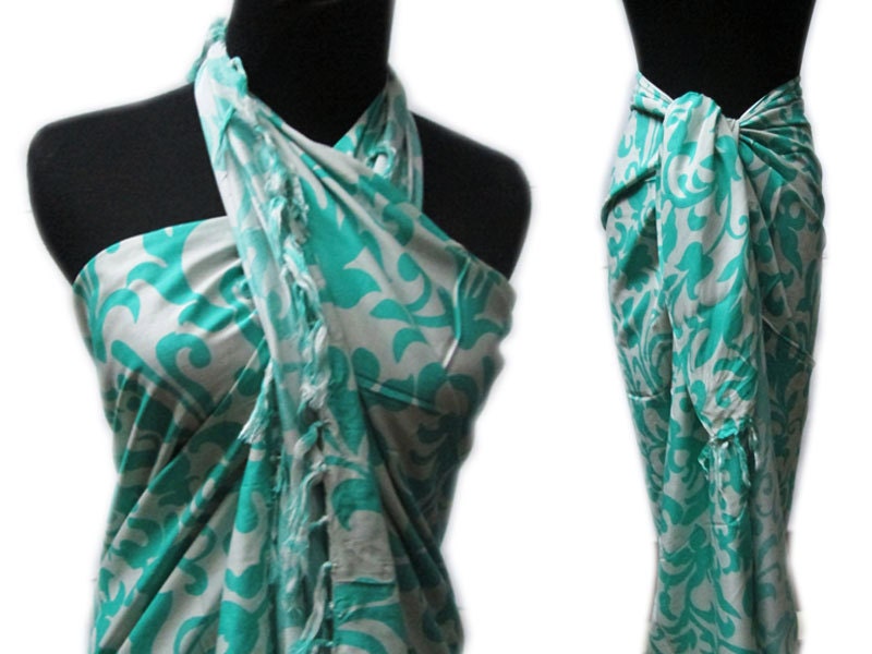 BATIK Beach Sarongs, Bali Sarong, Beach Cover up, Large Shawl, Batik Pareo, HANDMADE, White Turquoise, Rayon, Size 47 x 71 inches.