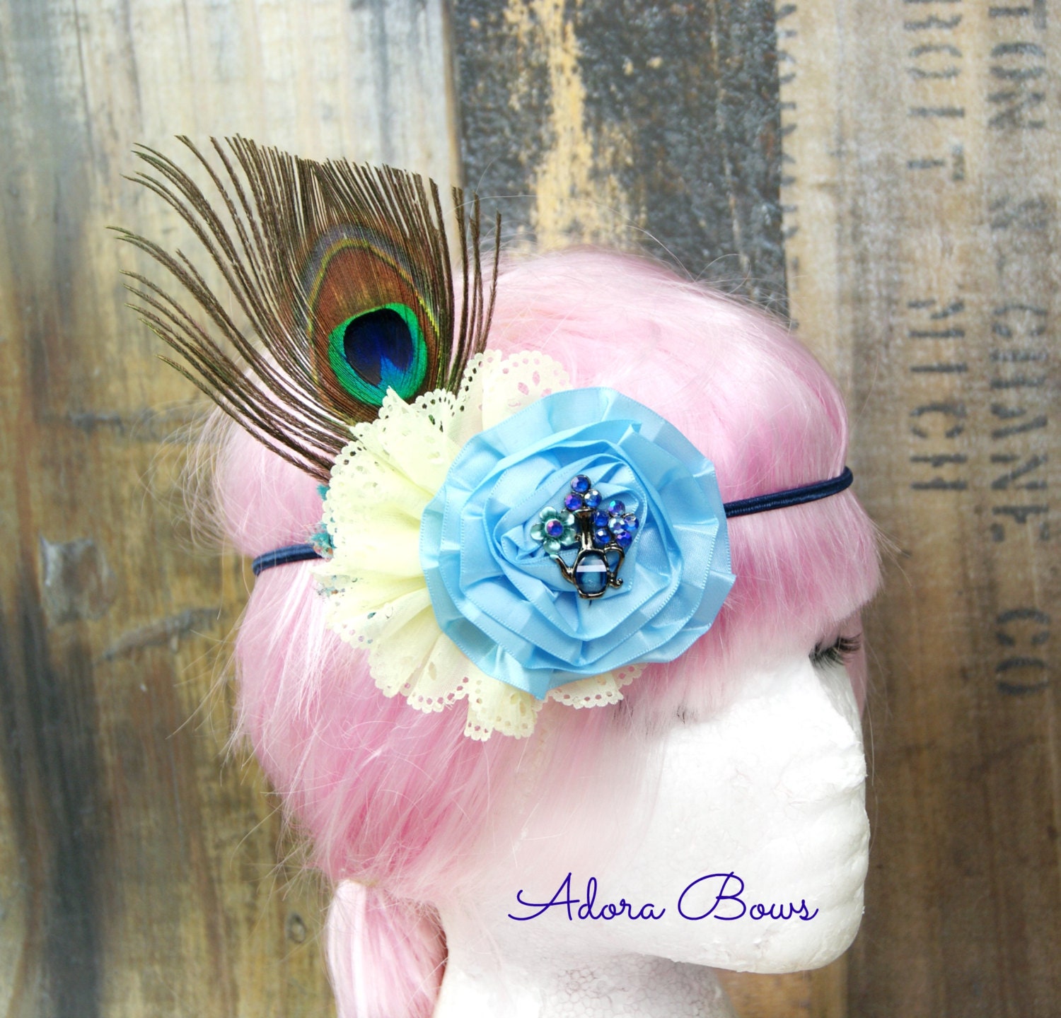 beautiful silk n eye lit flower mix on skinny headband w peacock feather blue rhinestone flowers n watering can accent garden spring girls