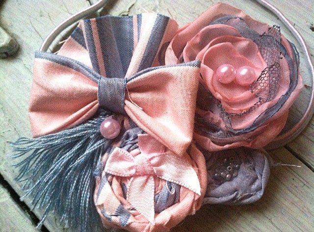 Fabric Flower Headband, Baby Blue, Light Pink, Stripes, Fabric Flower Hair Accessory, Satin Fabric Flower, Girls, Women's 