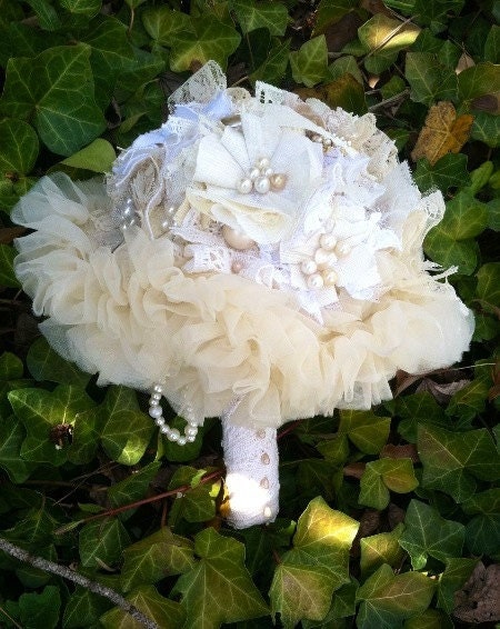 Ivory, Linen & Lace, Fabric Flower, Bridal Bouquet, Vintage Wedding, Rustic Weddings, Shabby Chic Bouquet, Keepsake Bouquet, Lace Flowers