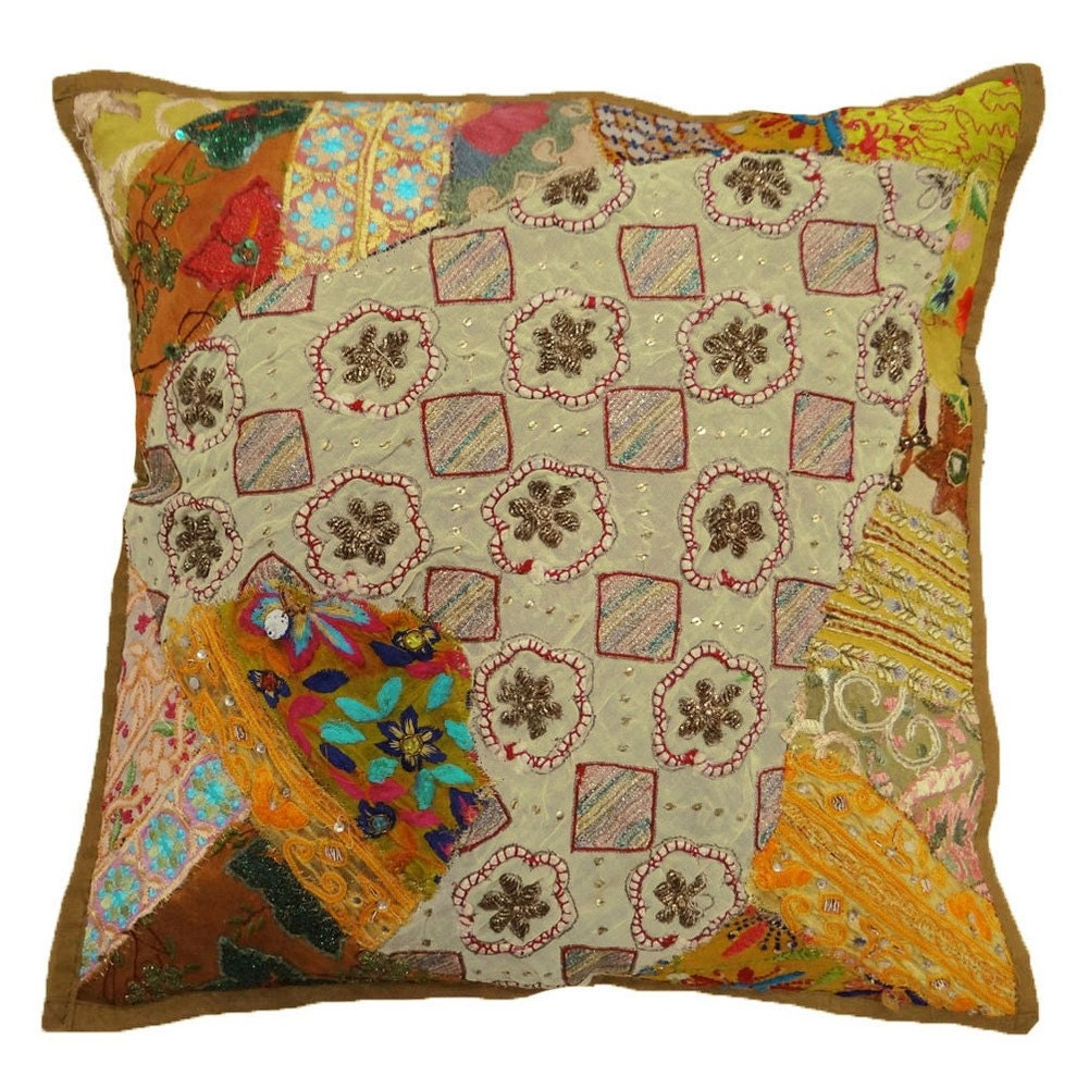 Free Shipping Handmade PatchWork Embroidered Pillow Cover Indian Decorative Throw Yellow Cotton Cushion Cover  - PL5516