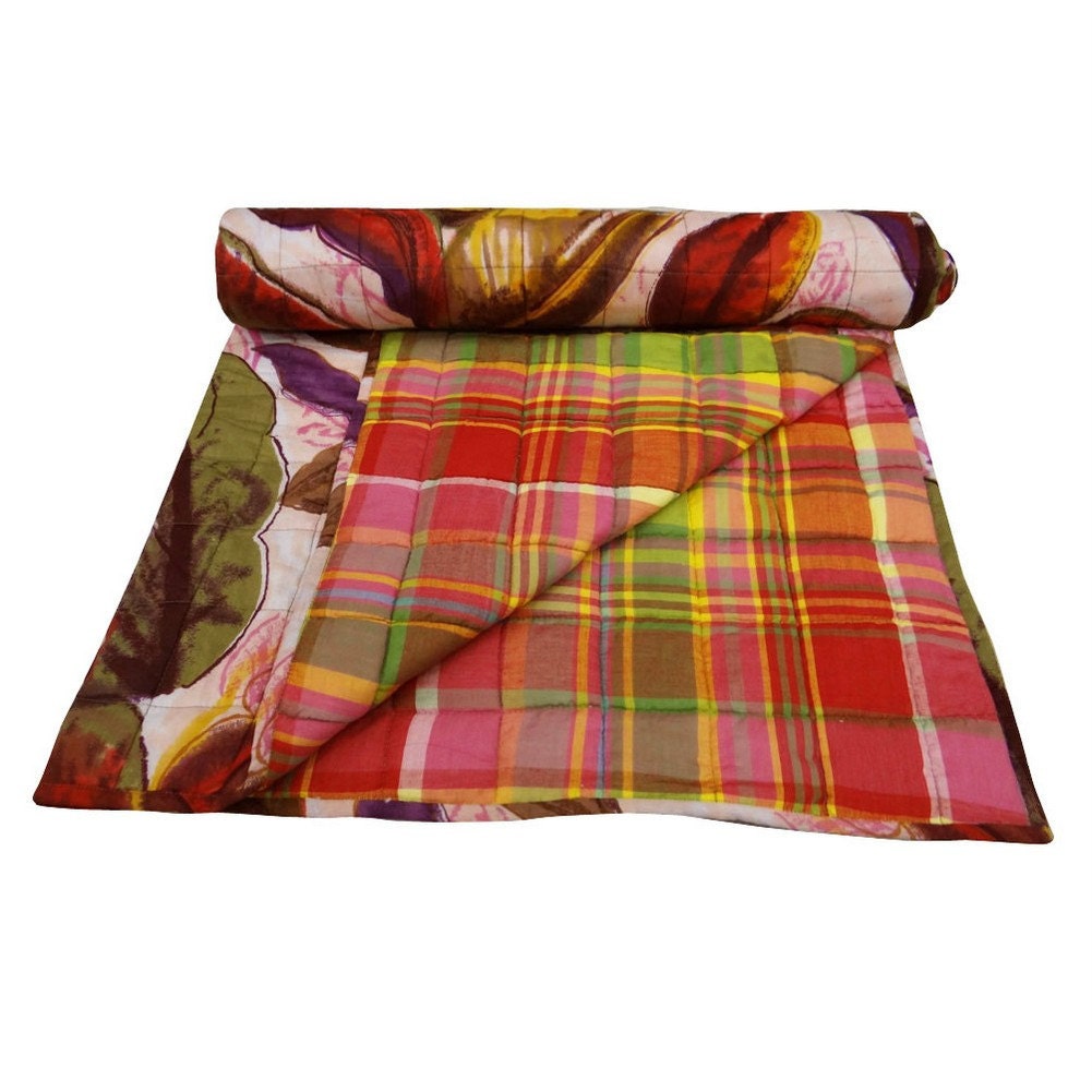 Handmade Leaf Embroidered Quilt Reversible Gudari Cirb Size Bedspread White Ralli Indian Traditional Throw Blanket 50" X 41" - NGQ258