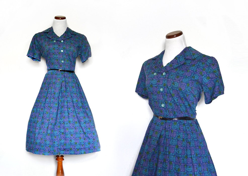 Blue Dress / 1950s Dress / Plus Size Dress /  XL Dress / Print Dress / Women Clothing Day Dresses / Vintage Clothing Dresses