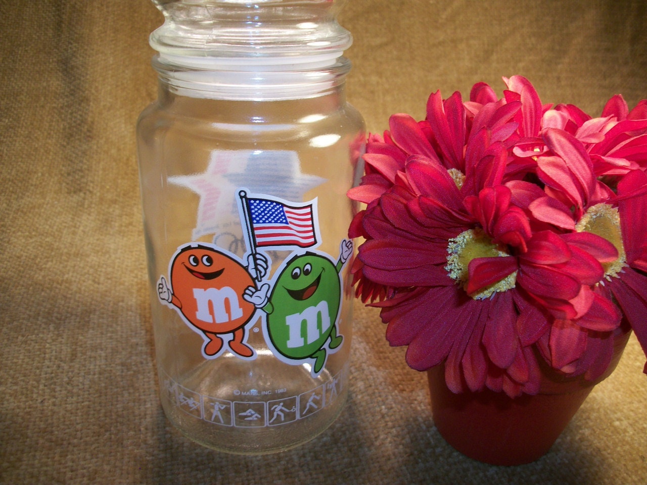 M and Ms Candy Jar, Olympics Souvenir, Canister, Los Angeles Olympics, Team USA , 1984 Olympics, American Flag, Glass Jar