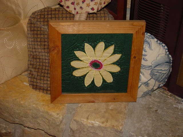 Unique custom framed solid cedar 12x12 flower stitched quilt square oak finish country rustic wall hanging display