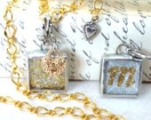 INITIAL LETTER M, SILVER & Gold Soldered Pendant (xs), Heart Lock Charm, Necklace, Double-Sided, Both Sides Shown