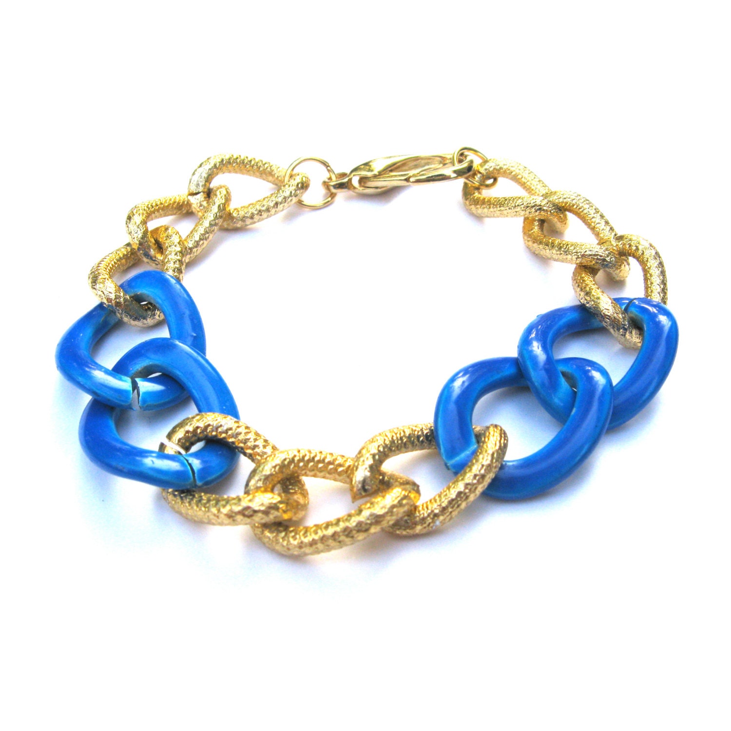 Caroline Arm Candy Cobalt Blue Chunky Gold Chain Bracelet - Large Chunky Gold Curb Chain Link Bracelet Arm Candy Chunky Chain Bracelet