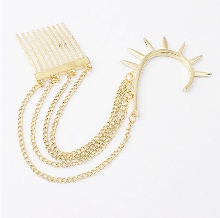 SALE: Gold Earring Cuff Jewelry with Dangling Chain Hair Clip