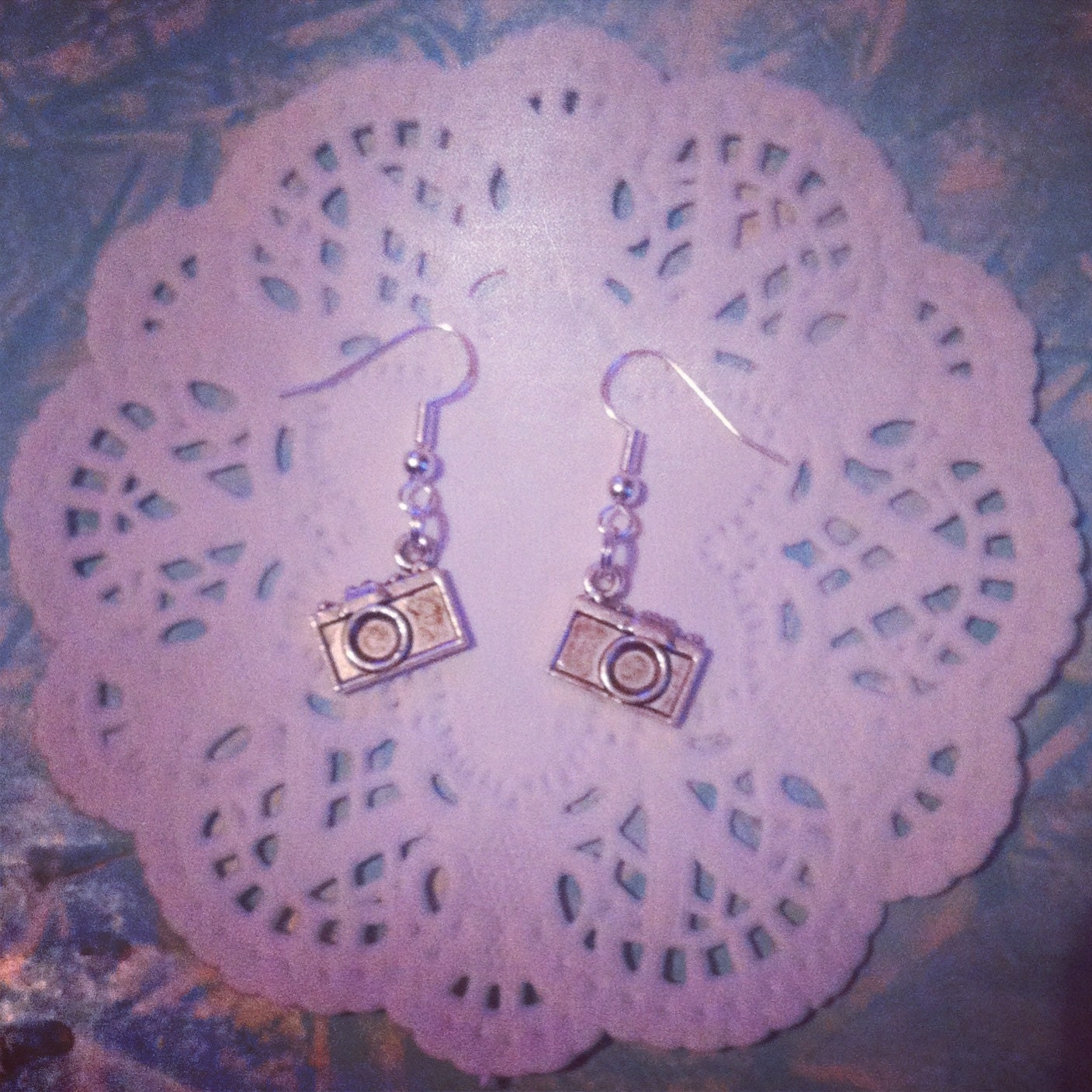 silver handmade camera earrings
