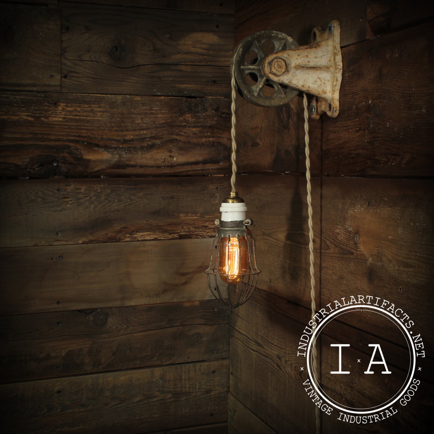 Vintage Industrial Pulley Trouble Lamp Fixture Steampunk Adjustable Lighting Wall Cieling Mount