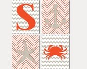 Nautical Nursery, Orange Grey Nursery Art , Orange Grey Monogram Wall Art, Chevron, Personalized Wall Art, Playroom  8x10 Prints Set of 4