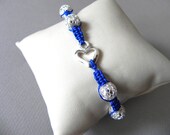 Royal Blue Beaded Macramé Bracelet with Silver Heart Charm and Silver Beads