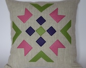 Linen eco felt pink, green, violet pillow cover. Handmade decorative pillow throw zipper contemporary ethnic geometric 40x40 cm 16"x16"