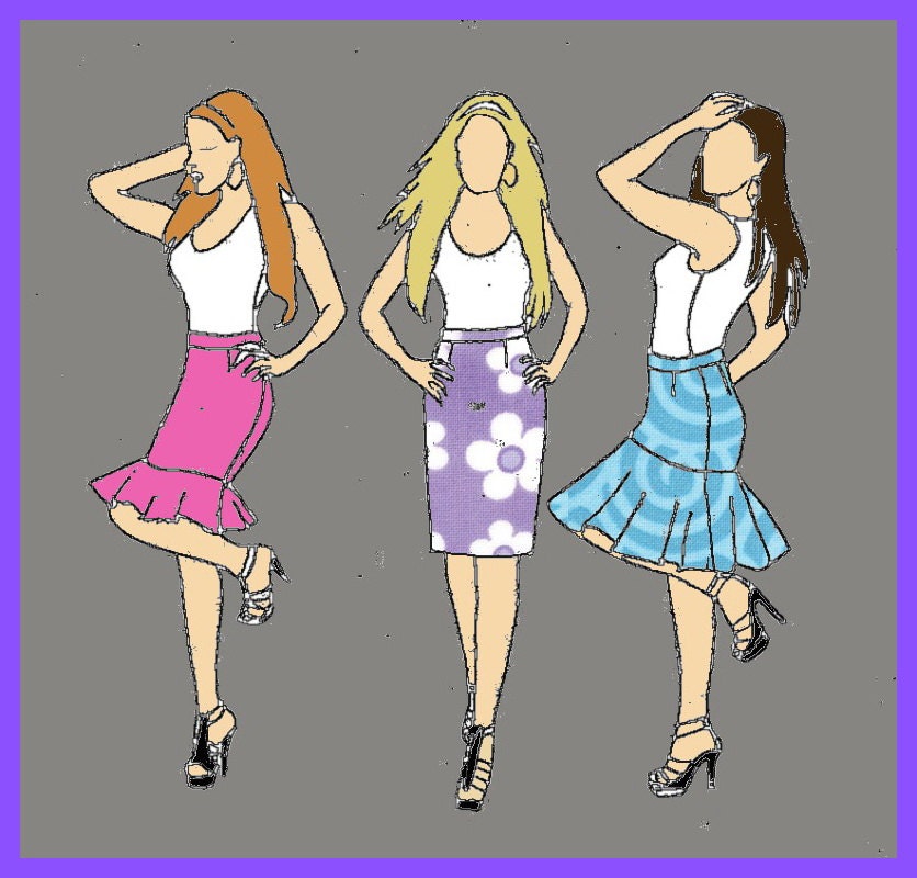 Skirt sewing pattern PDF sizes 34,36,38,40,42 -3 styles -pencil skirt,flounced hem skirt,circle skirt with hip yoke