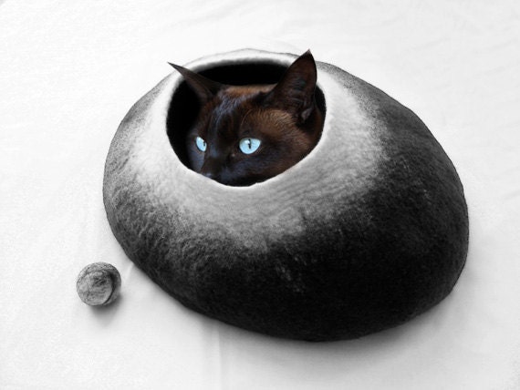 Black Darkness XLarge Cat Bed Cat Cave Cat House Felted - Free Cat Ball