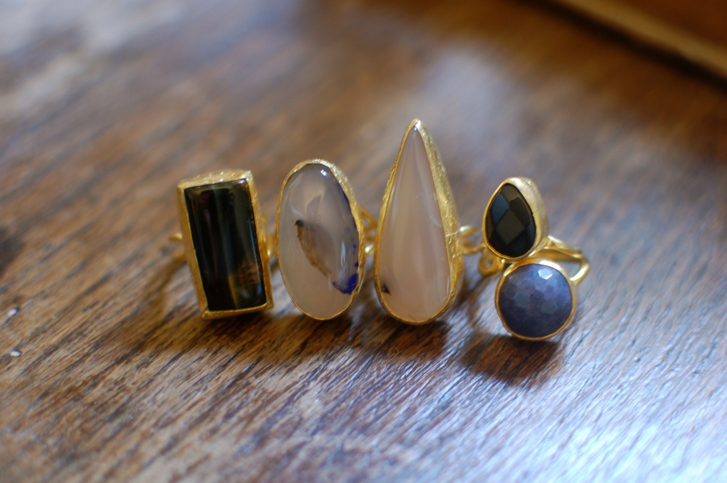 Handmade in Turkey Gold Plated natural bohemian Jasper, Agate CLUSTER RINGS Adjustable