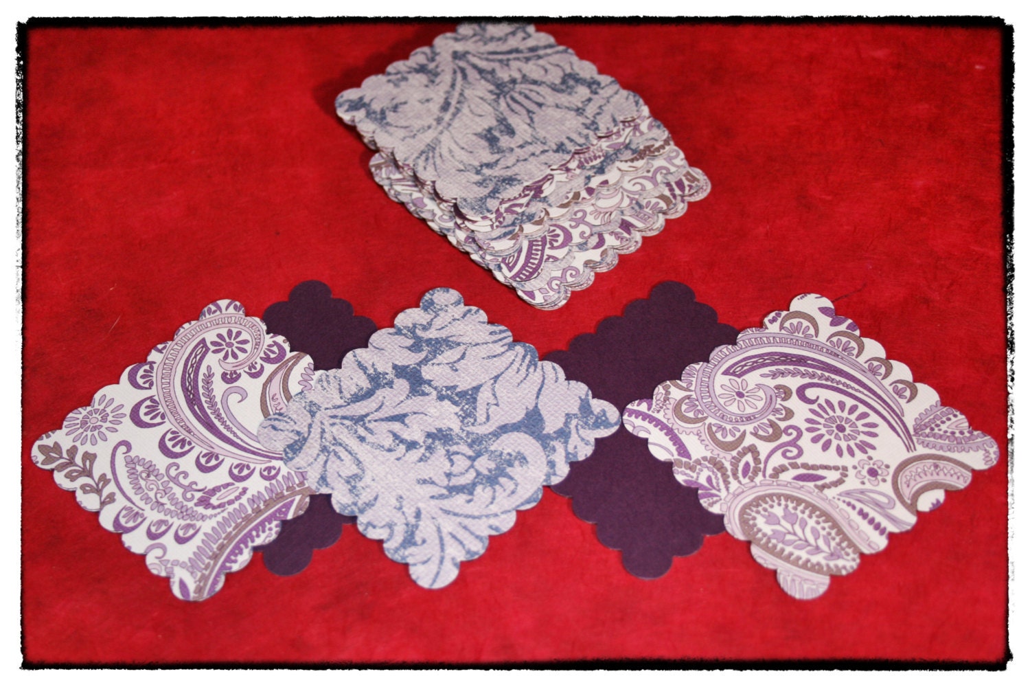 Twenty-Two (22) Handmade Aubergine-colored Paisley and Organic Floral Image  Scalloped Tags / Labels