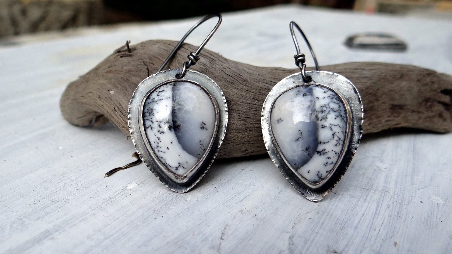 Dentrite Opal Dangle Earrings-Sterling Silver ONE OF A KIND / Eco-Friendly /Rustic /Unique