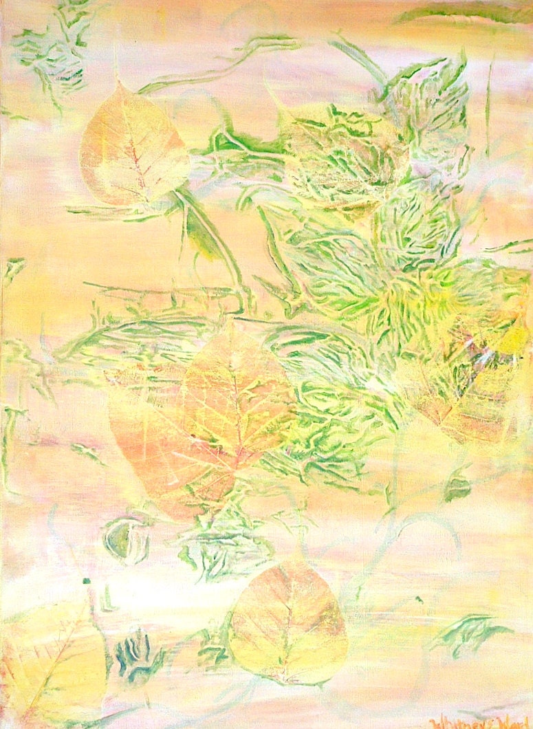 Shabby Chic Abstract Painting: Abstract Acrylic Painting using Yellow, Green, Orange, and White Paint with Flowers and Leaves