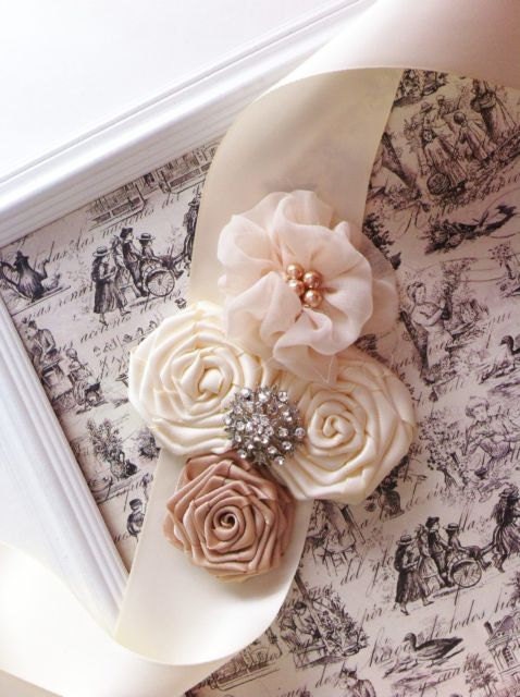 beige/ivory/champagne bridal Vintage lace satin rosette flower roses wedding Sash belt