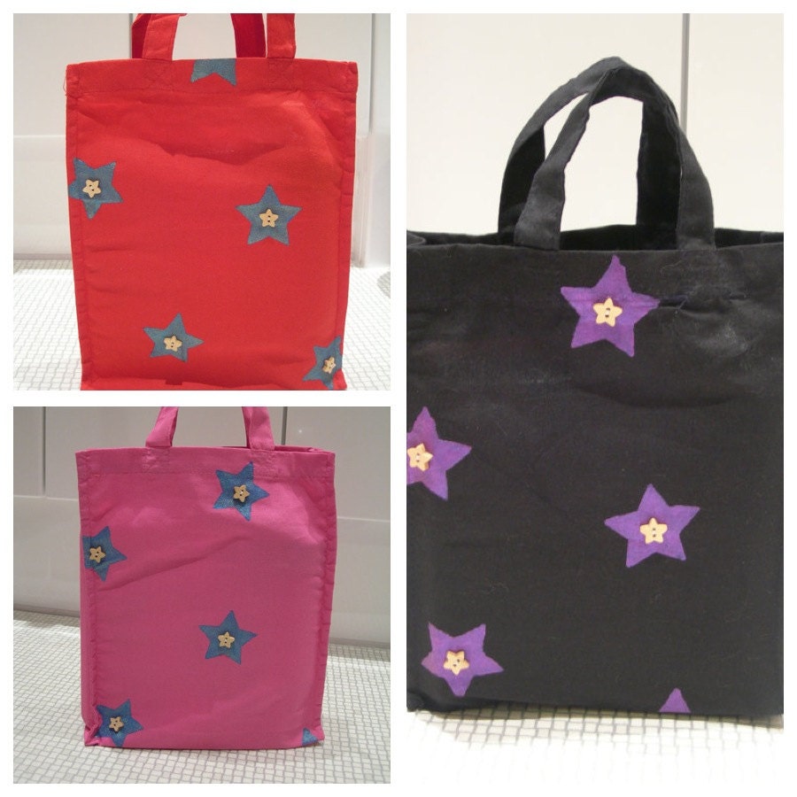 Cotton Lunch Bag with Stars & Buttons - Pink, Black, or Red