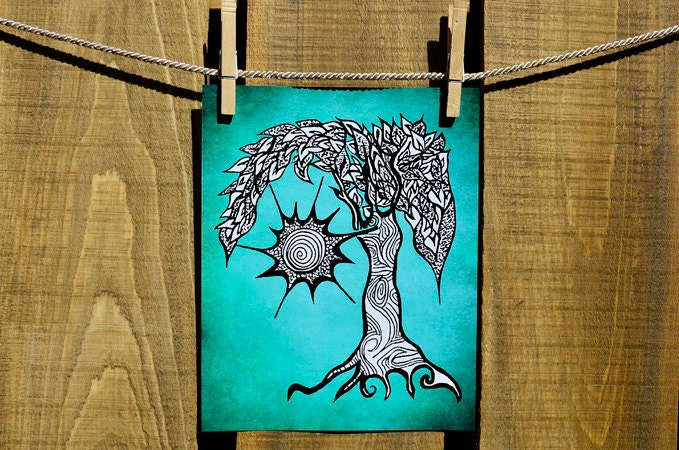 Poster Print 8x10 -Green Sunny Tree - of Fine Art Illustration for Your Wall Decor
