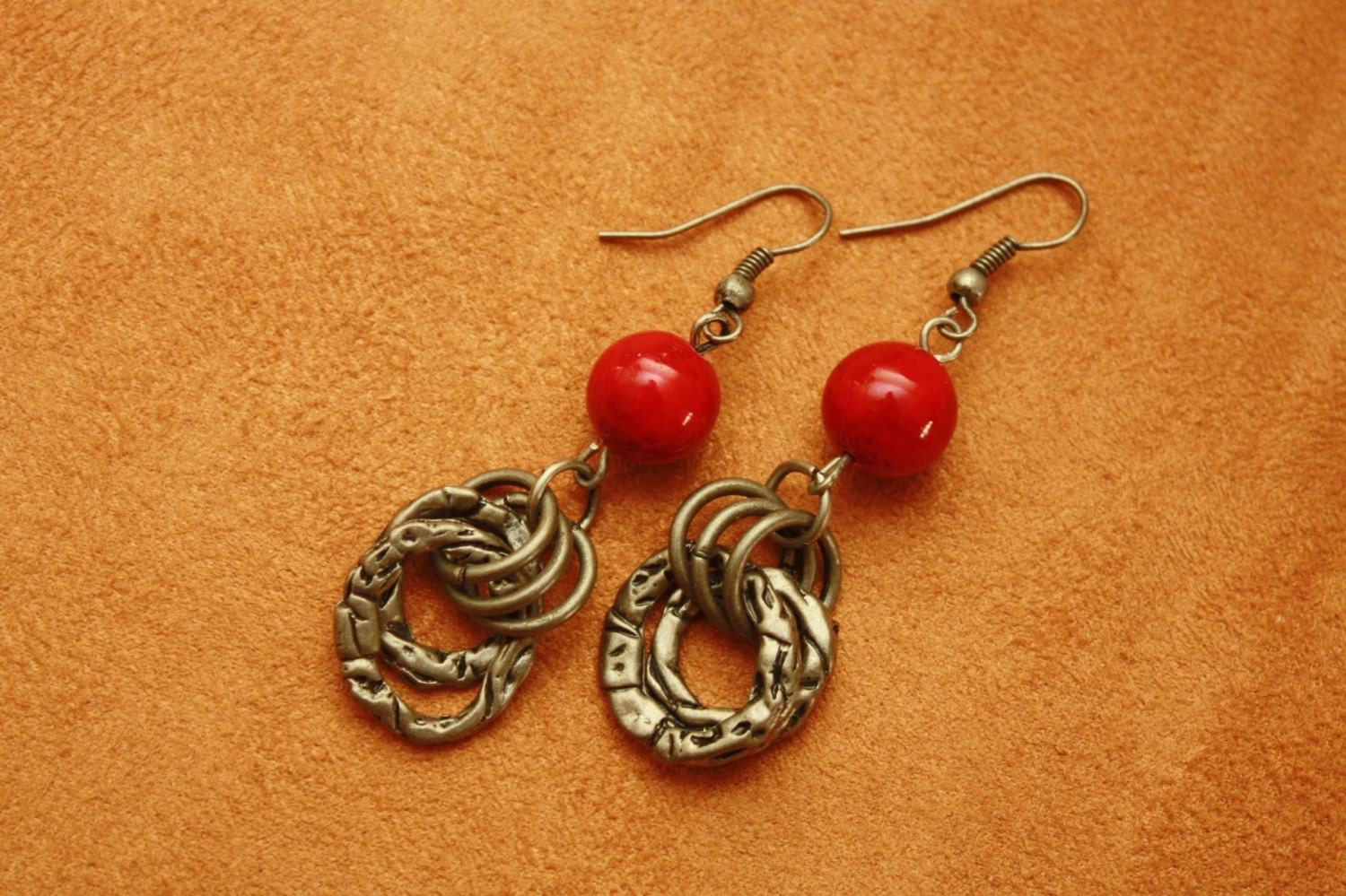 Multi Hoop Earring Texture Rings Dangle Red Stone Pewter Color: Artistic Metal, Button and Bead Jewelry