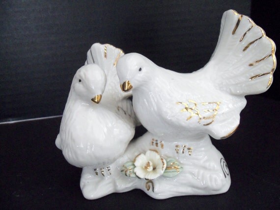 Wedding Cake Topper White Doves Gold Trim by TheVintagePorch