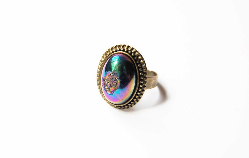 Druzy Mystic, Semiprecious Stone - Handmade Vintage Drusy Cabochon Cocktail Ring - Only 2 Available