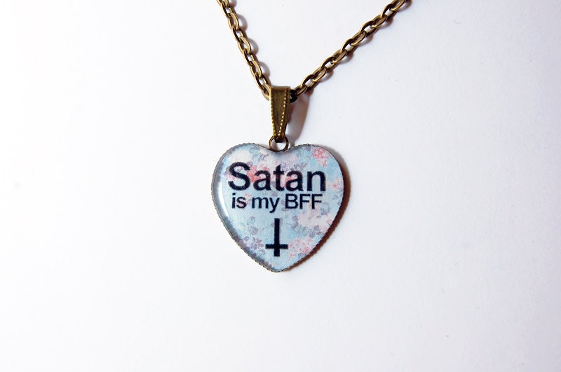 Satan Is My Best Friend Forever (BFF) On Retro Floral Fantasy - Handmade Vintage Cameo Pendant Necklace