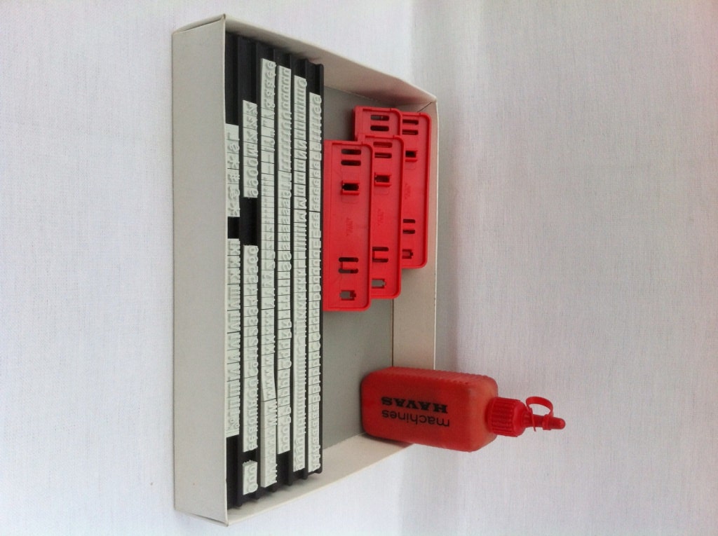 Vintage French Rubber Stamp Printing Set with Red Bottled Ink Havas Alphabet Letters A - Z plus numbers
