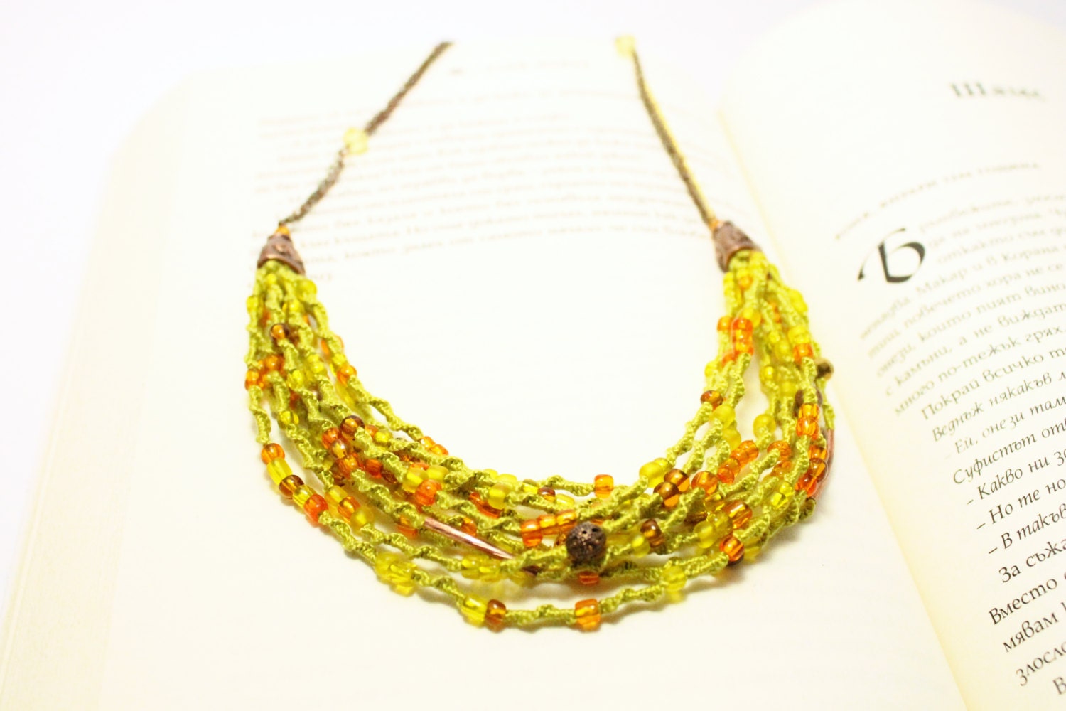 Boho chic, Necklace, macrame jewelry, hand knitted necklace, yellow-green necklace, Bohemian jewelry, beadwork jewelry