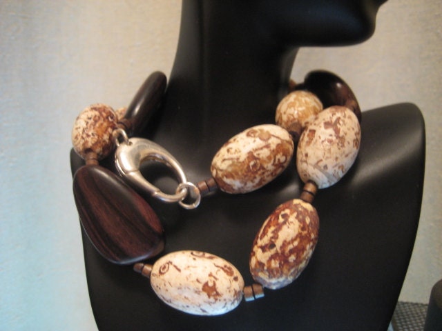 Vintage Chunky Big Sterling 925 White ,Brown Turquoise  Brown Wood Beads Necklace Sterling Clasp