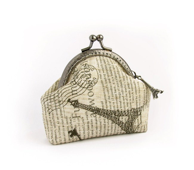 Black White Retro Style Coin Purse, Newspaper Linen Pouch, Paris Eiffel Tower, Key, fabric wallet with kisslock