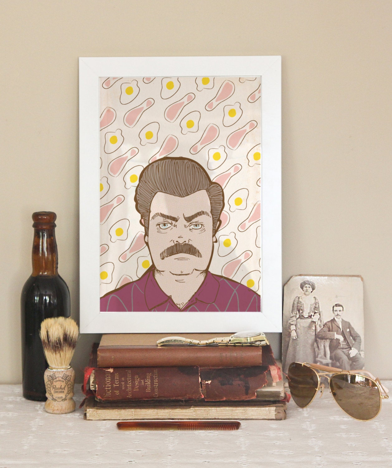 RON SWANSON - Custom Portrait - Parks and Recreation Illustration - Gift For Him - TV Show - Eggs and Bacon - Maroon - Brown