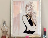 Fashion Illustration - Baroque Dress - Vintage Little Black Dress - High Fashion Print - Orange - Gold Embroidery - Peach - Beige
