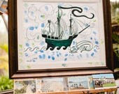 Hand Drawn Nautical Ship Guest Book Thumb Print Poster