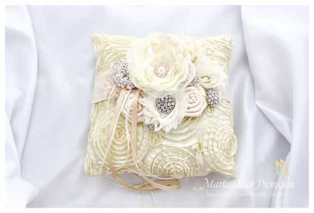 Wedding Ring Pillow with Brooches Crystals Handmade Flowers in Cream and Ivory 1pc