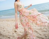 women's pink print flower dress Floral Dress Irregular hem dress wedding dress Beach skirt  silk Chiffon sundress long dress maxi dress qz26