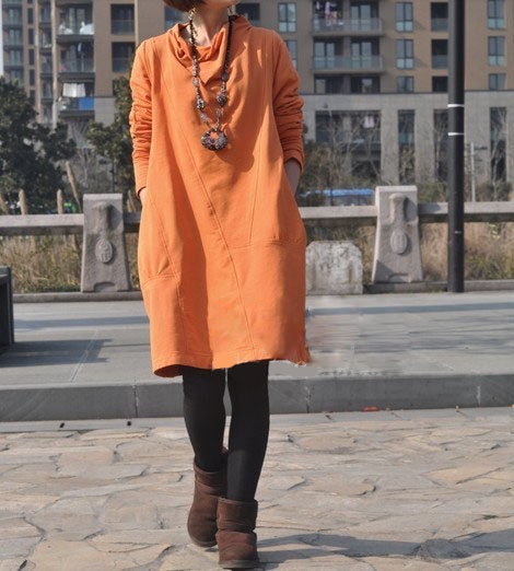 women's orange black green blue red flax Sexy Casual big Pleat big pocket long sleeve cutton Linen Dress Day dress Sundress Maxi dress qz41