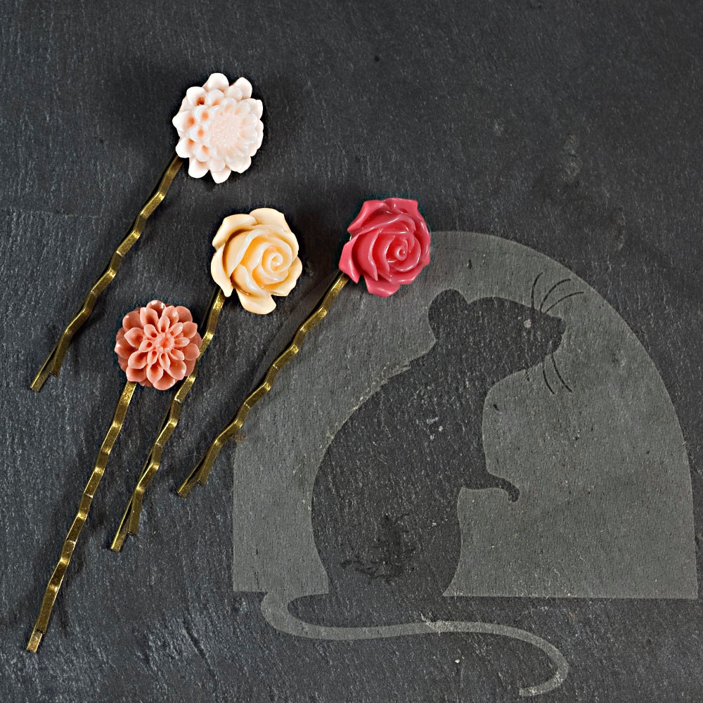 Set of Four Antique Brass Bobby Pins Shades of Pink Rose Mum Flower Sunflower Resin Cabochons Wedding Bridesmaids Gift Hair Accessory