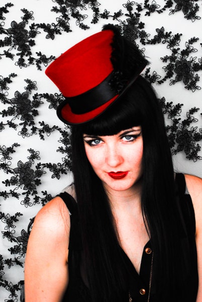 Red Top hat with Ostrich feather and satin