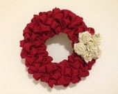 14" Red Burlap Holiday Wreath with Burlap Roses
