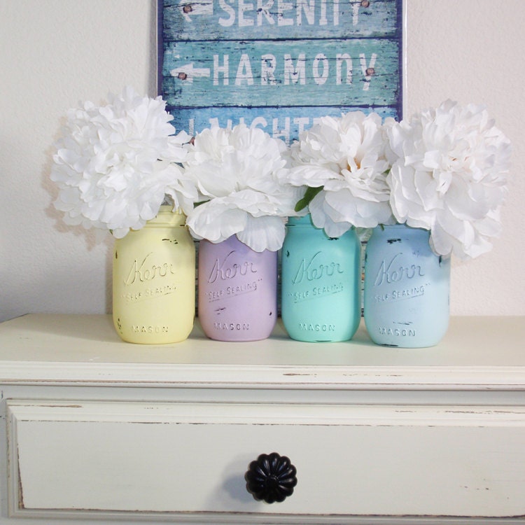 4- Hand Painted Pint Mason Jar Flower Vases-Easter Collection One-Country Decor-Cottage Chic-Shabby Chic-French Chic