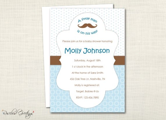 Mustache Boy Baby Shower Invitation - little man, blue and chocolate brown - digital file, printable, print yourself Il_570xn