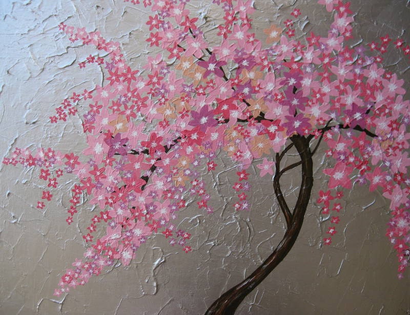 cherry blossom tree trees large abstract art zen oriental gray grey silver pink purple apricot Japanese look painting panels wall paintings