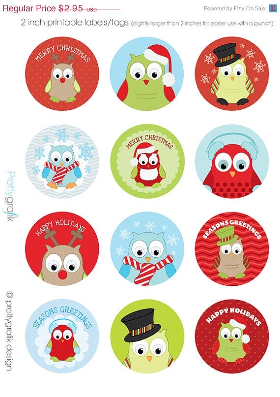 60% OFF Save big Christmas owls labels printable, invites, cards, photos cards, scrapbook pages - PGPTPK101 Il_170x135