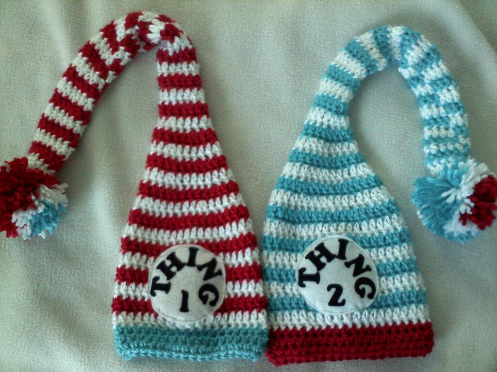 Thing 1 and Thing 2 stocking caps, inspired by the Cat in the Hat characters Dr Seuss photo prop crochet newborn twins children gifts